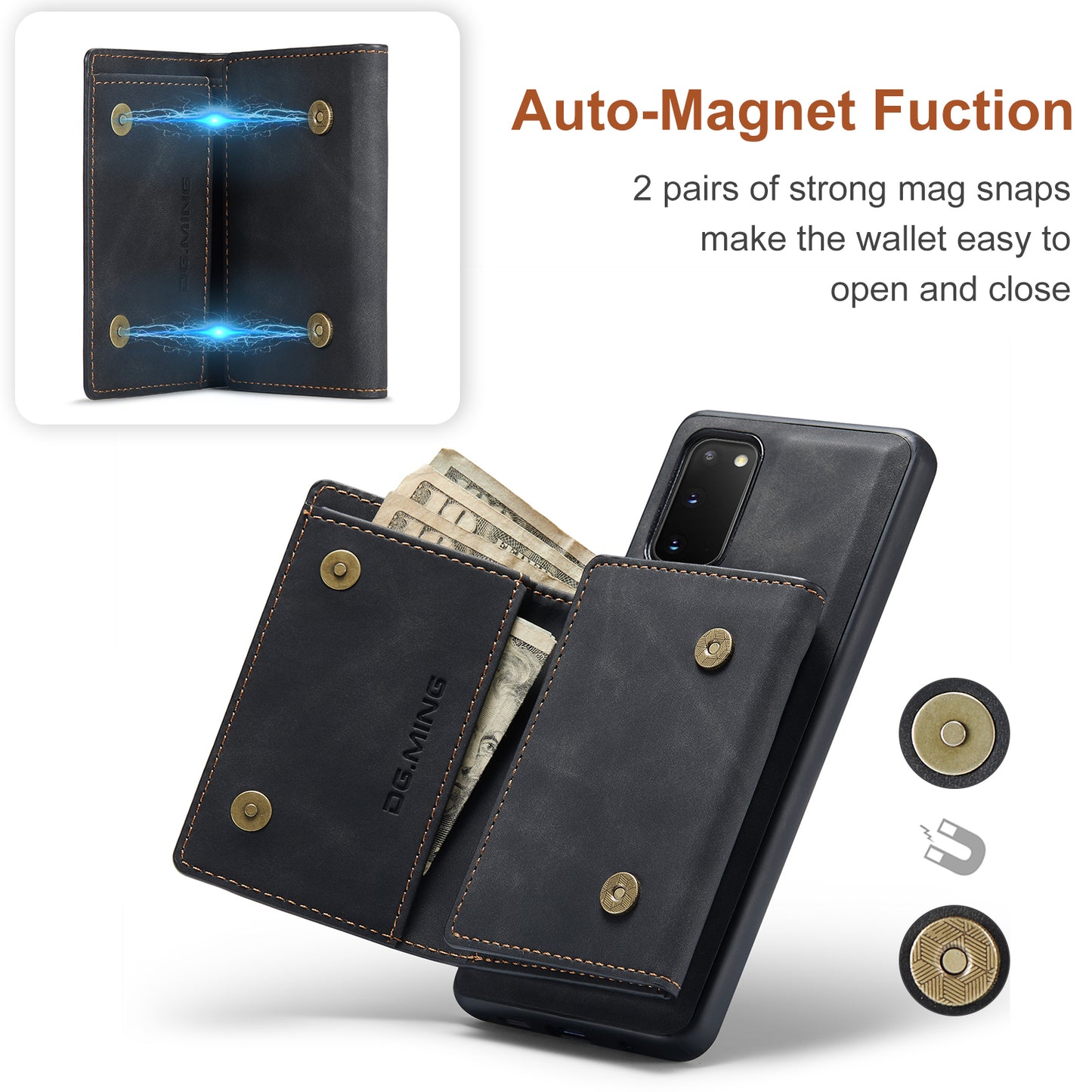 DG.MING M1 Series Powerful Magnet Wireless Charging Anti-Scratch Detachable Wallet 2-in-1 Hybrid Phone Shell with Kickstand for Samsung Galaxy S20 4G/S20 5G - Black