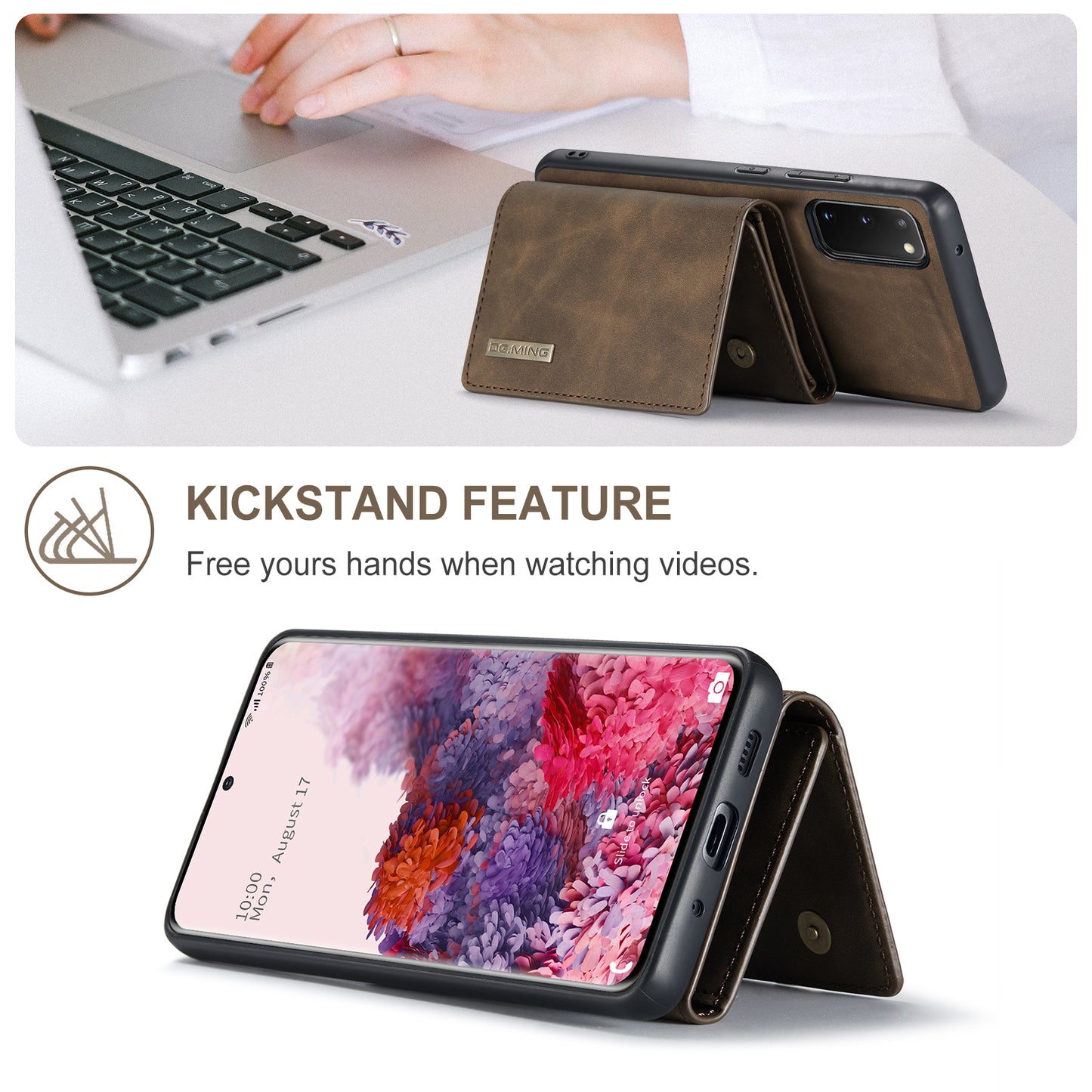 DG.MING M1 Series Powerful Magnet Wireless Charging Anti-Scratch Detachable Wallet 2-in-1 Hybrid Phone Shell with Kickstand for Samsung Galaxy S20 4G/S20 5G - Coffee