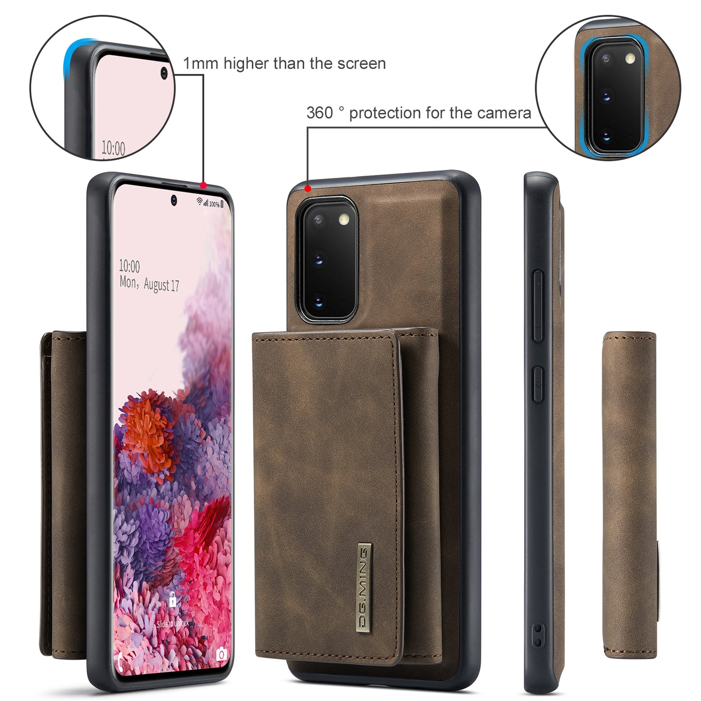 DG.MING M1 Series Powerful Magnet Wireless Charging Anti-Scratch Detachable Wallet 2-in-1 Hybrid Phone Shell with Kickstand for Samsung Galaxy S20 4G/S20 5G - Coffee