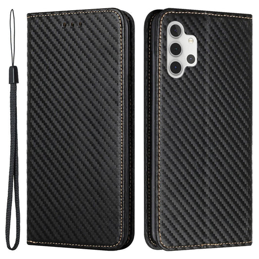 Carbon Fiber Texture Magnetic Closure Leather Cover Stand Case with Strap for Samsung Galaxy A32 5G/M32 5G - Black