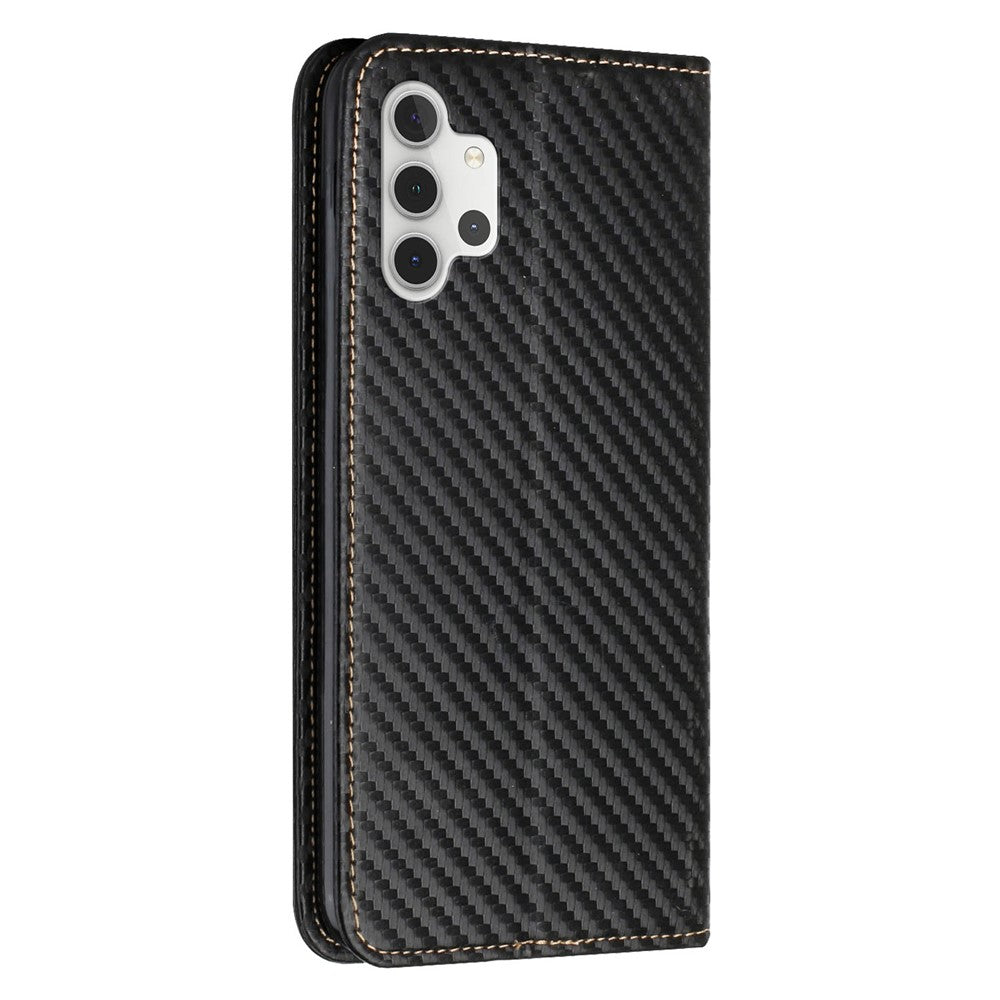 Carbon Fiber Texture Magnetic Closure Leather Cover Stand Case with Strap for Samsung Galaxy A32 5G/M32 5G - Black