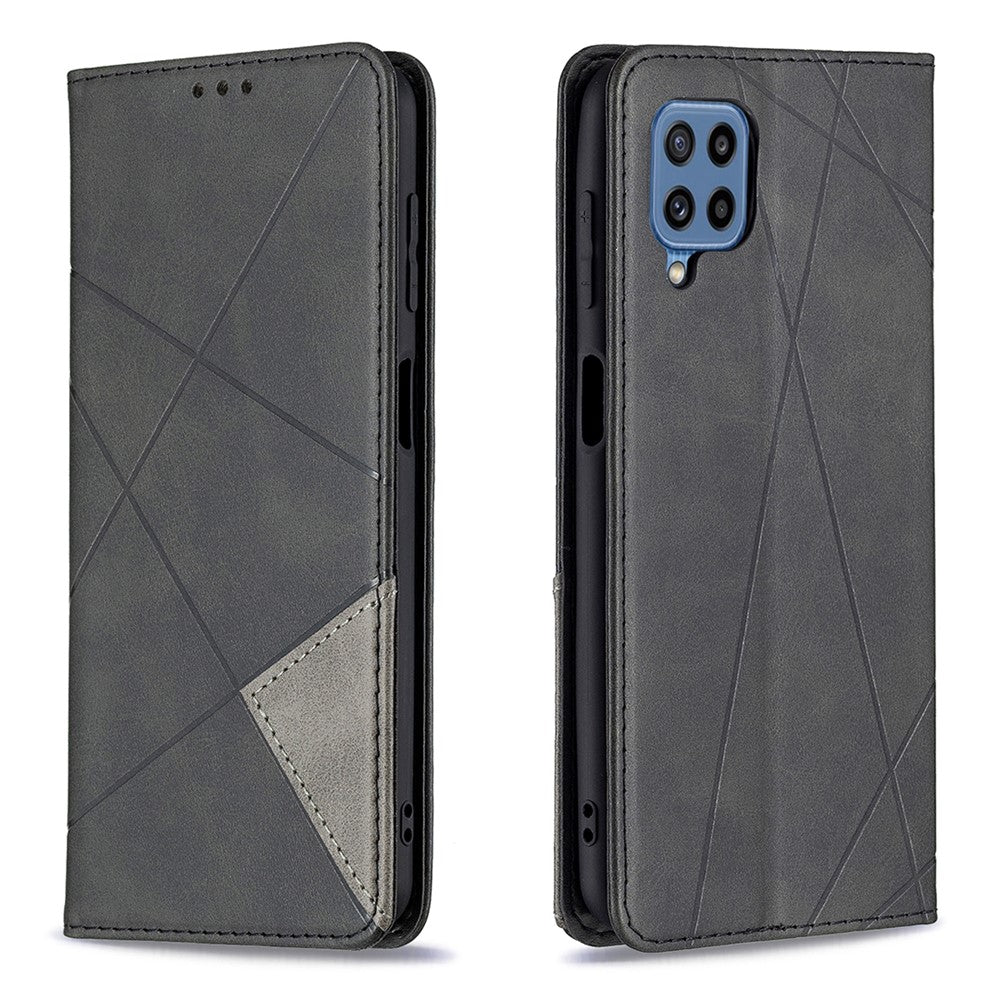 For Samsung Galaxy M32 (Global Version) Card Holder Design Rhombus-Like Imprinting Shock-Absorbed Leather Stand Case Shell - Black