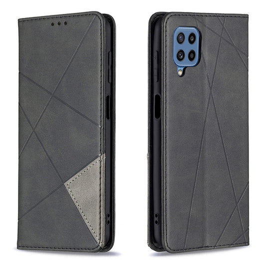 For Samsung Galaxy M32 (Global Version) Card Holder Design Rhombus-Like Imprinting Shock-Absorbed Leather Stand Case Shell - Black