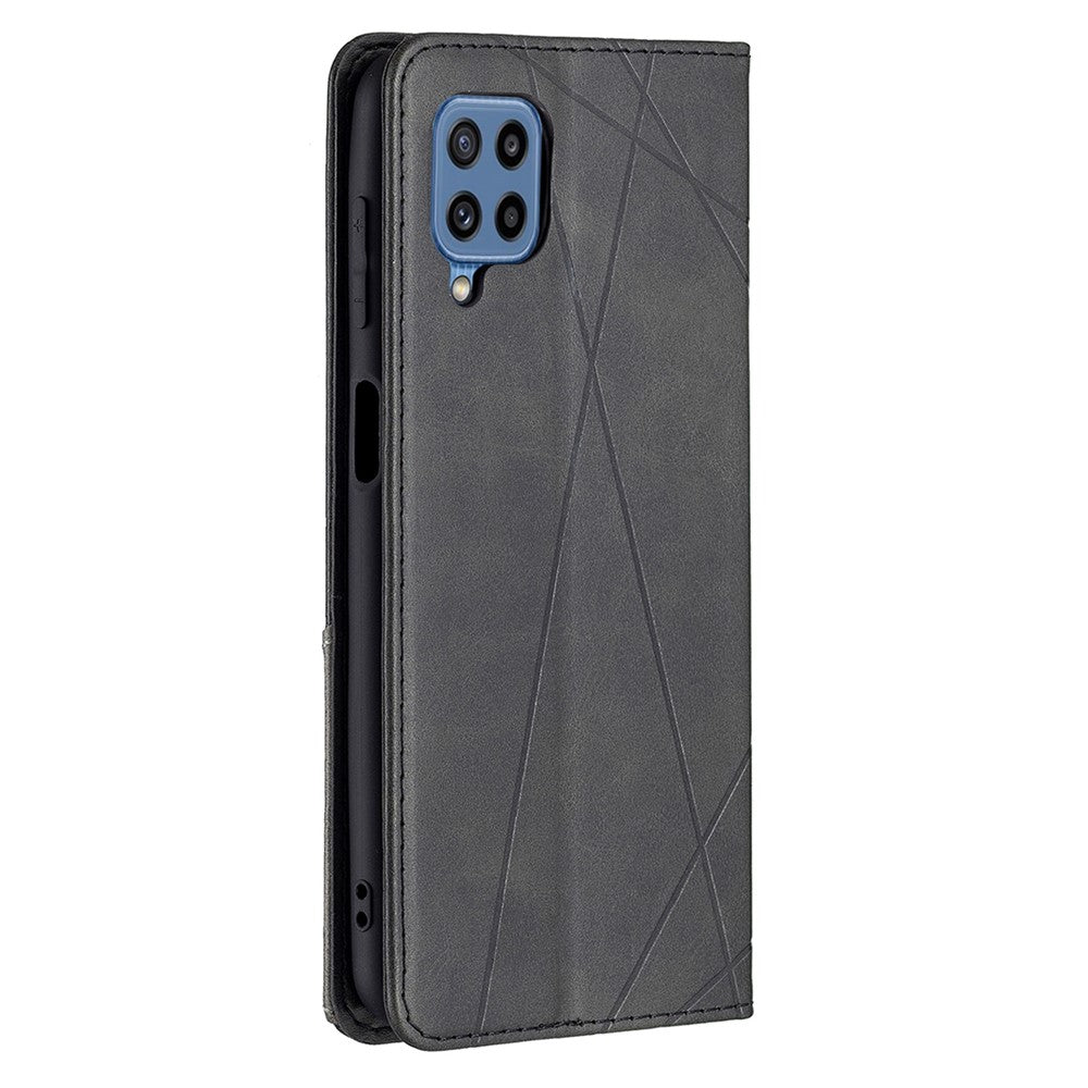 For Samsung Galaxy M32 (Global Version) Card Holder Design Rhombus-Like Imprinting Shock-Absorbed Leather Stand Case Shell - Black