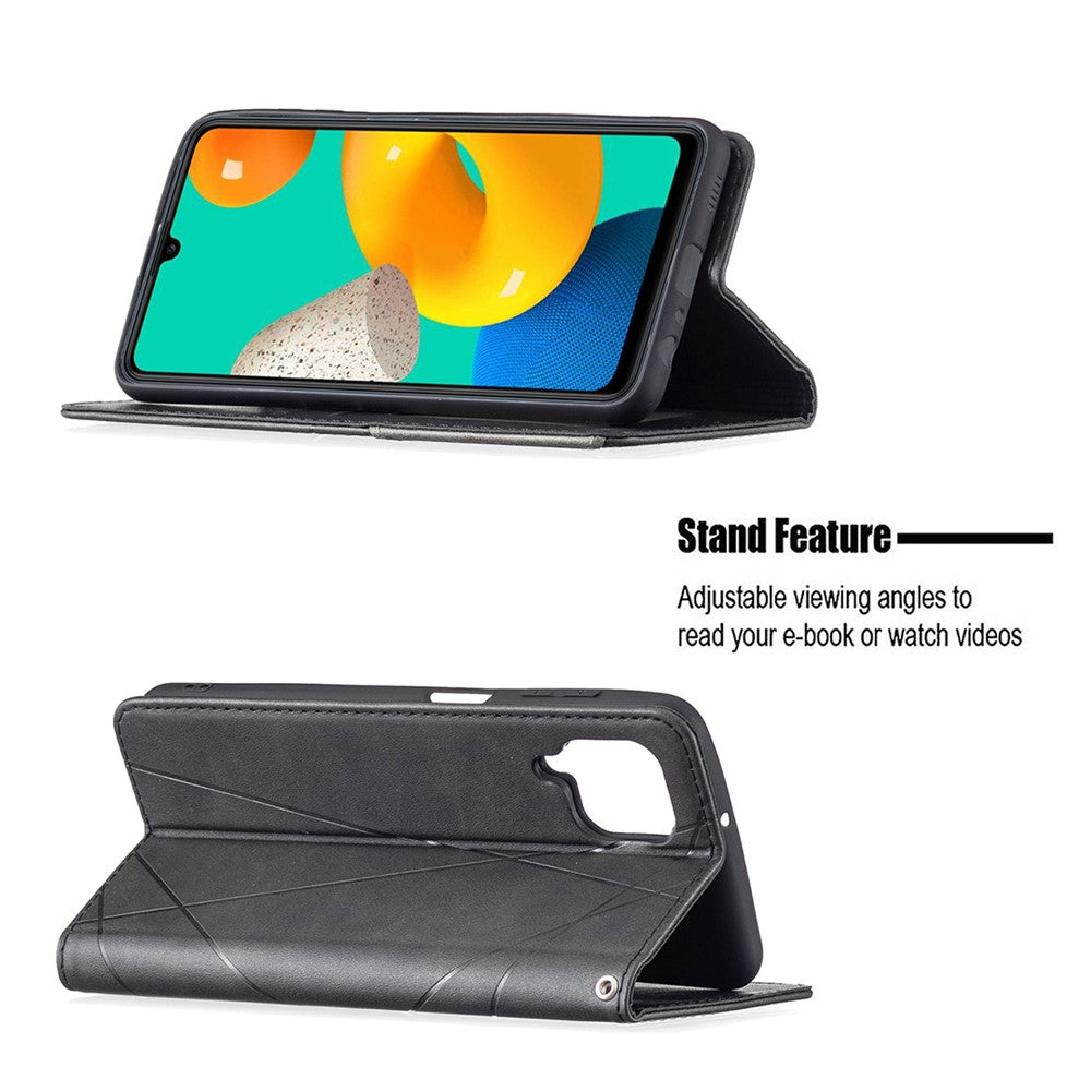 For Samsung Galaxy M32 (Global Version) Card Holder Design Rhombus-Like Imprinting Shock-Absorbed Leather Stand Case Shell - Black