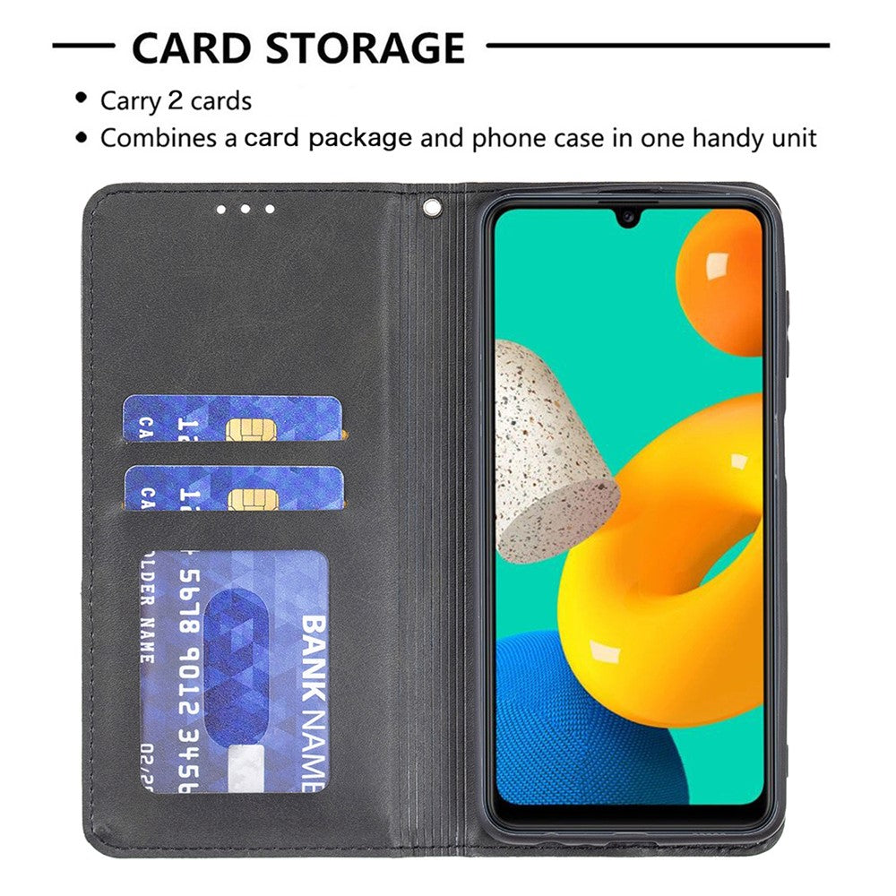 For Samsung Galaxy M32 (Global Version) Card Holder Design Rhombus-Like Imprinting Shock-Absorbed Leather Stand Case Shell - Black