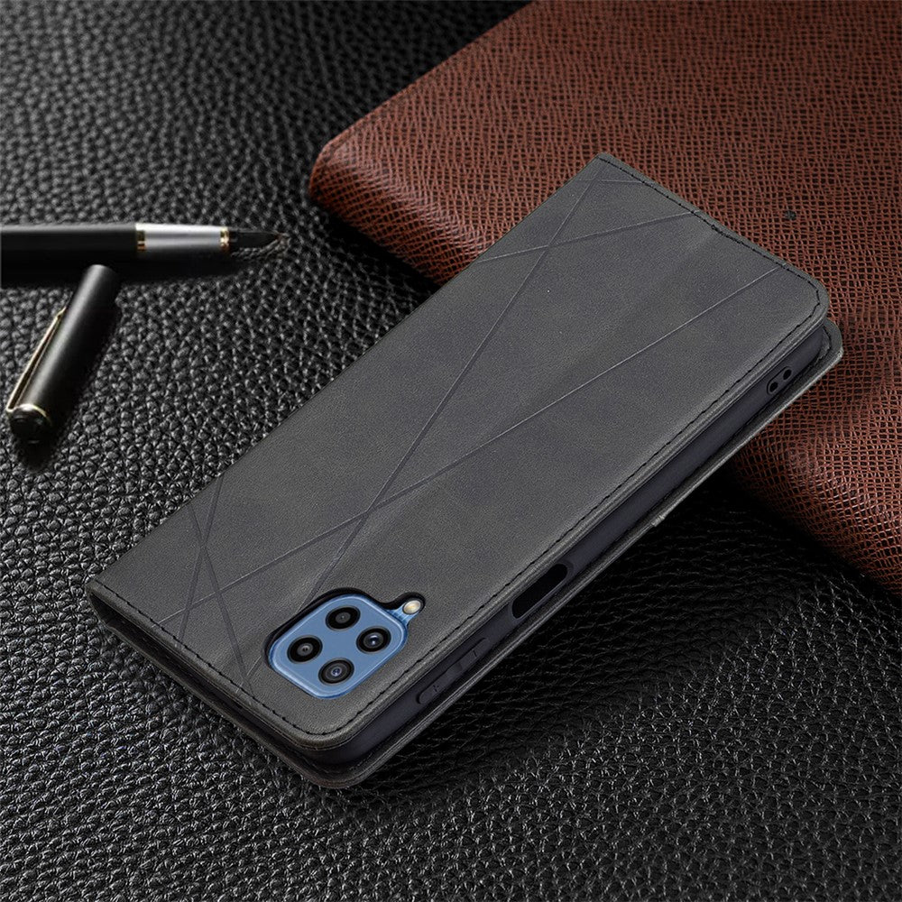 For Samsung Galaxy M32 (Global Version) Card Holder Design Rhombus-Like Imprinting Shock-Absorbed Leather Stand Case Shell - Black