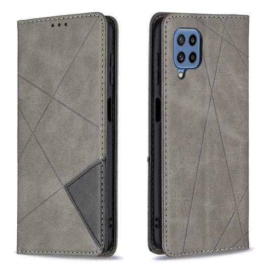 For Samsung Galaxy M32 (Global Version) Card Holder Design Rhombus-Like Imprinting Shock-Absorbed Leather Stand Case Shell - Grey