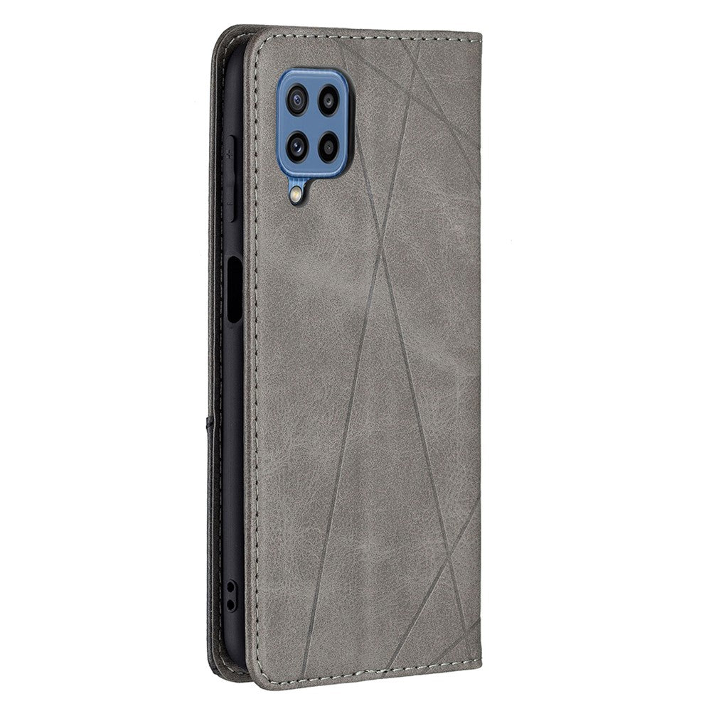 For Samsung Galaxy M32 (Global Version) Card Holder Design Rhombus-Like Imprinting Shock-Absorbed Leather Stand Case Shell - Grey