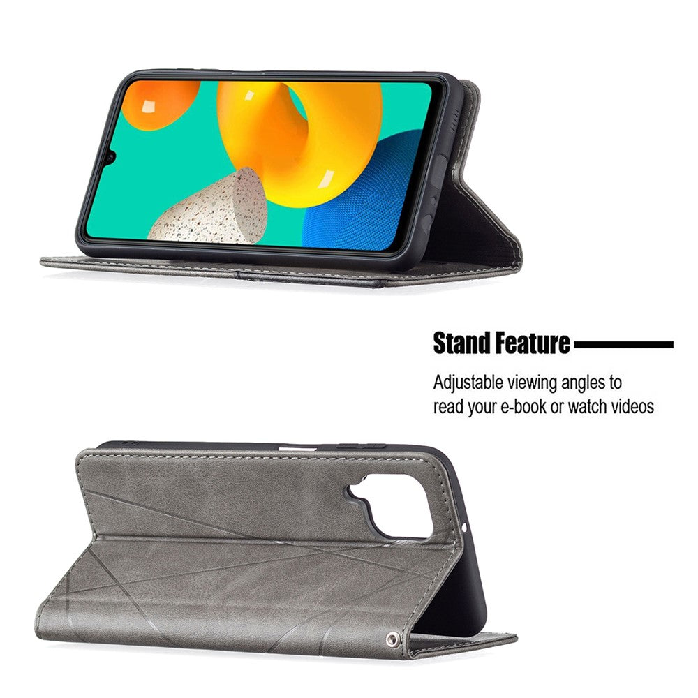 For Samsung Galaxy M32 (Global Version) Card Holder Design Rhombus-Like Imprinting Shock-Absorbed Leather Stand Case Shell - Grey