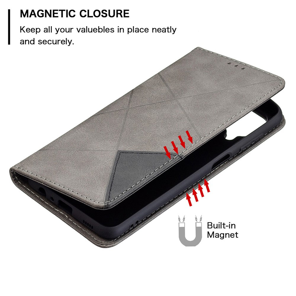 For Samsung Galaxy M32 (Global Version) Card Holder Design Rhombus-Like Imprinting Shock-Absorbed Leather Stand Case Shell - Grey