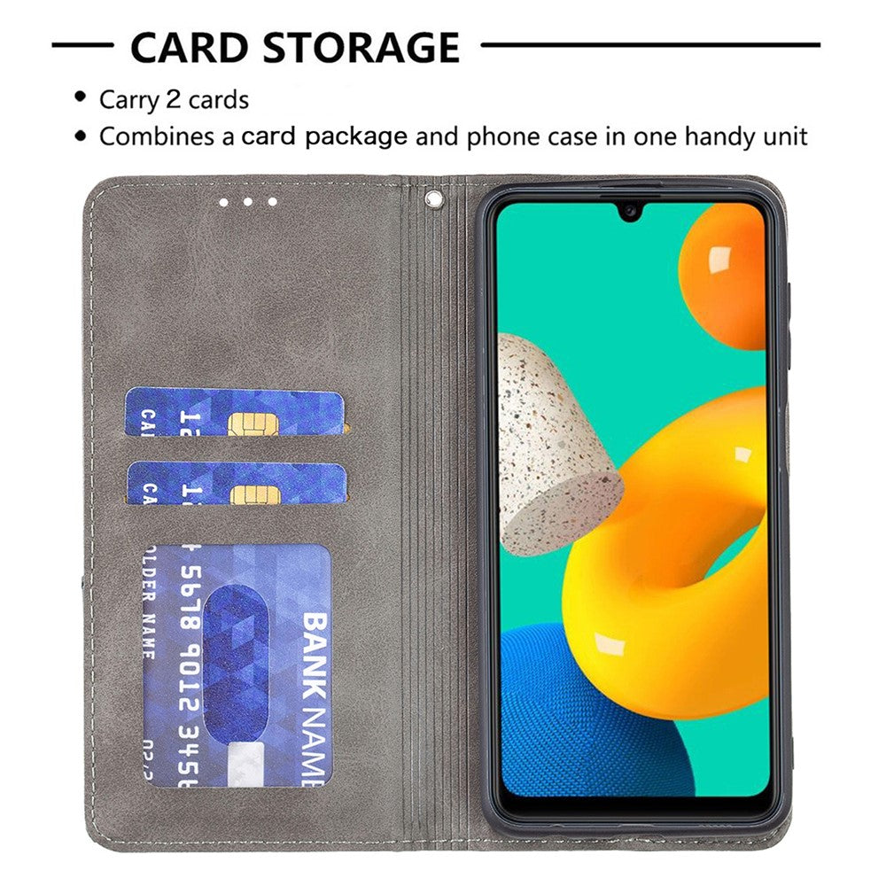 For Samsung Galaxy M32 (Global Version) Card Holder Design Rhombus-Like Imprinting Shock-Absorbed Leather Stand Case Shell - Grey