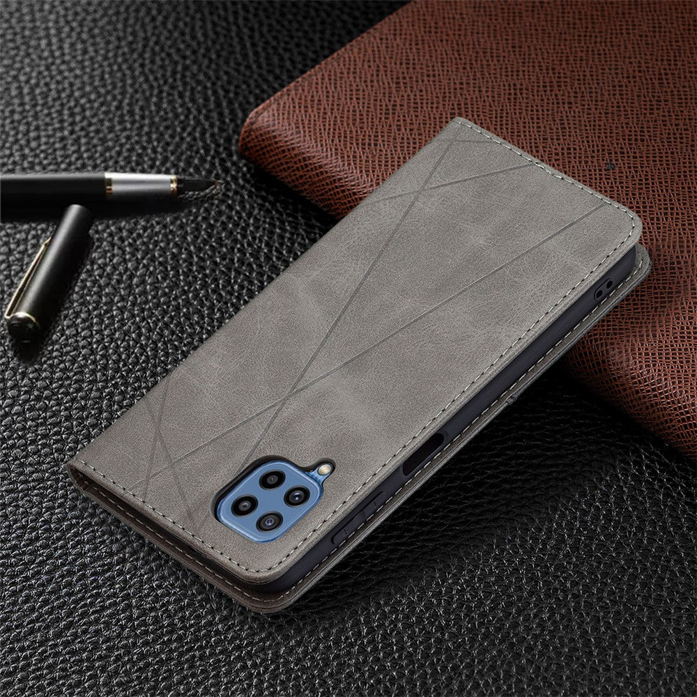 For Samsung Galaxy M32 (Global Version) Card Holder Design Rhombus-Like Imprinting Shock-Absorbed Leather Stand Case Shell - Grey