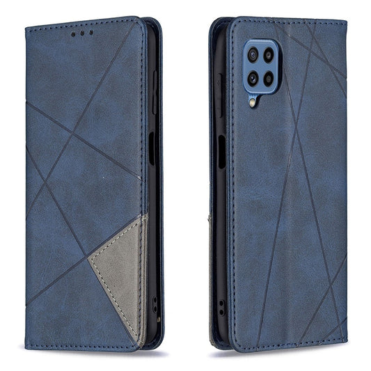 For Samsung Galaxy M32 (Global Version) Card Holder Design Rhombus-Like Imprinting Shock-Absorbed Leather Stand Case Shell - Blue