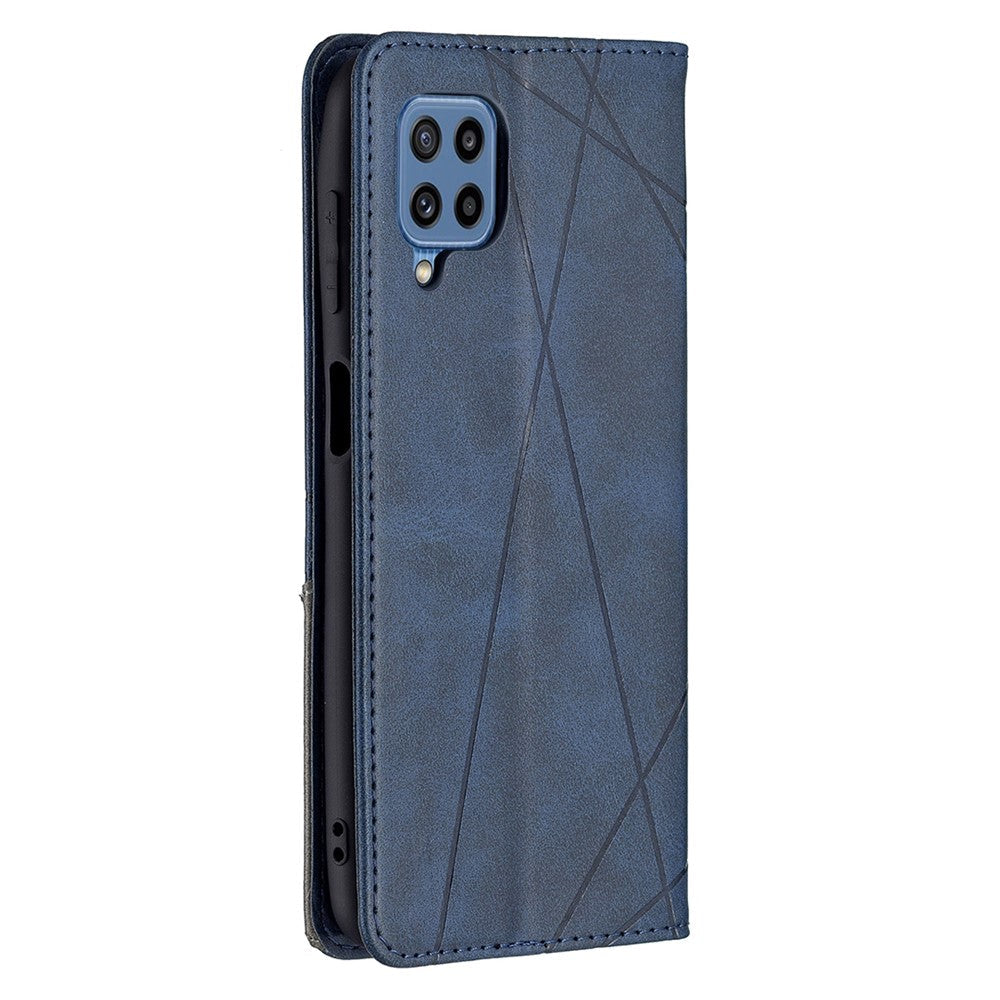 For Samsung Galaxy M32 (Global Version) Card Holder Design Rhombus-Like Imprinting Shock-Absorbed Leather Stand Case Shell - Blue