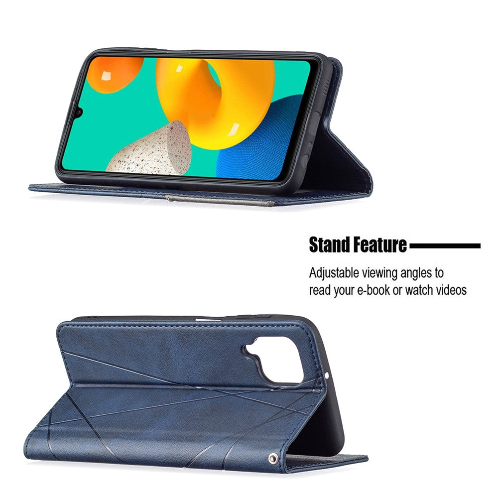For Samsung Galaxy M32 (Global Version) Card Holder Design Rhombus-Like Imprinting Shock-Absorbed Leather Stand Case Shell - Blue