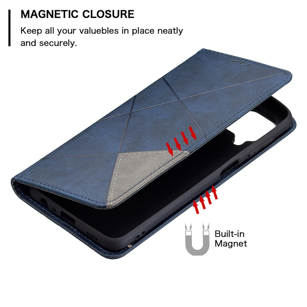 For Samsung Galaxy M32 (Global Version) Card Holder Design Rhombus-Like Imprinting Shock-Absorbed Leather Stand Case Shell - Blue