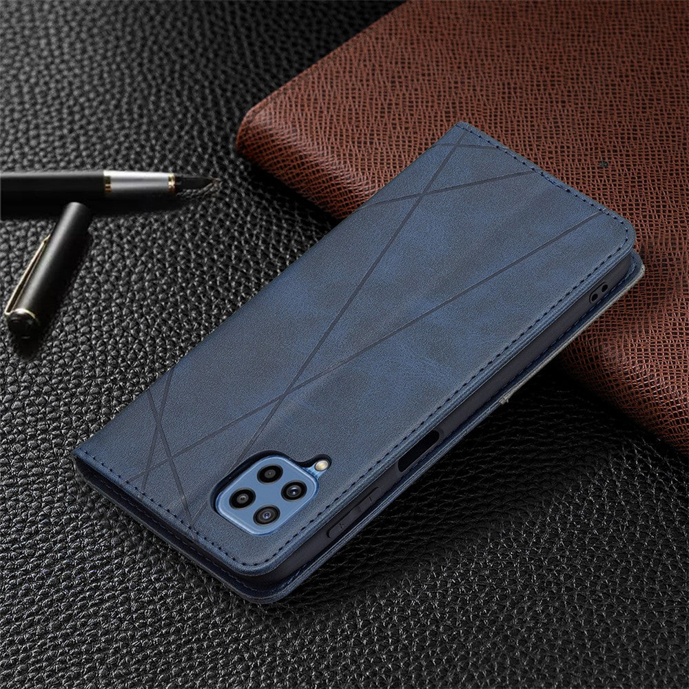 For Samsung Galaxy M32 (Global Version) Card Holder Design Rhombus-Like Imprinting Shock-Absorbed Leather Stand Case Shell - Blue