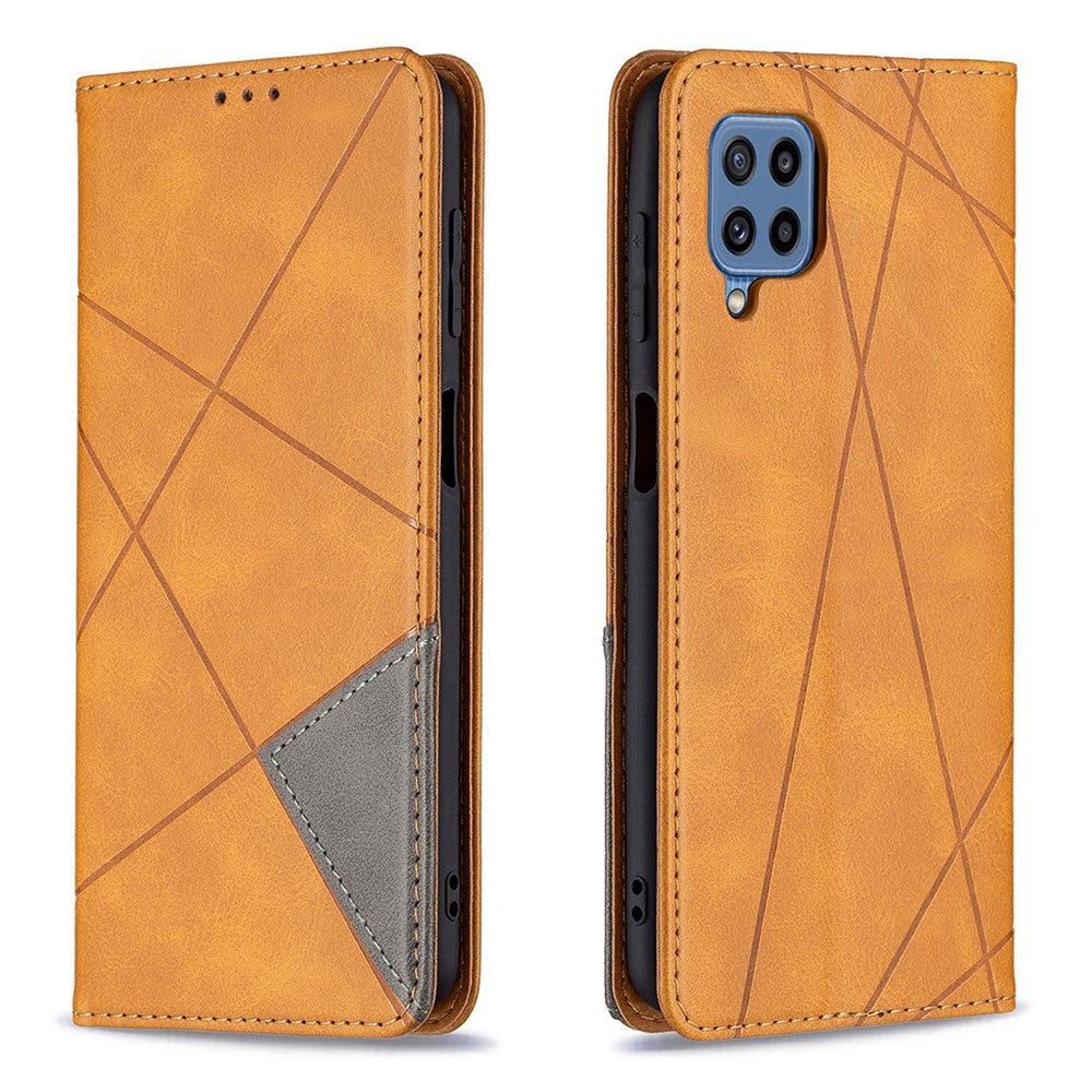 For Samsung Galaxy M32 (Global Version) Card Holder Design Rhombus-Like Imprinting Shock-Absorbed Leather Stand Case Shell - Yellow