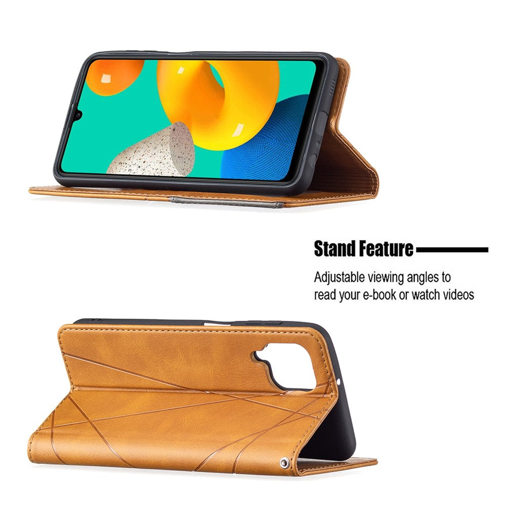 For Samsung Galaxy M32 (Global Version) Card Holder Design Rhombus-Like Imprinting Shock-Absorbed Leather Stand Case Shell - Yellow