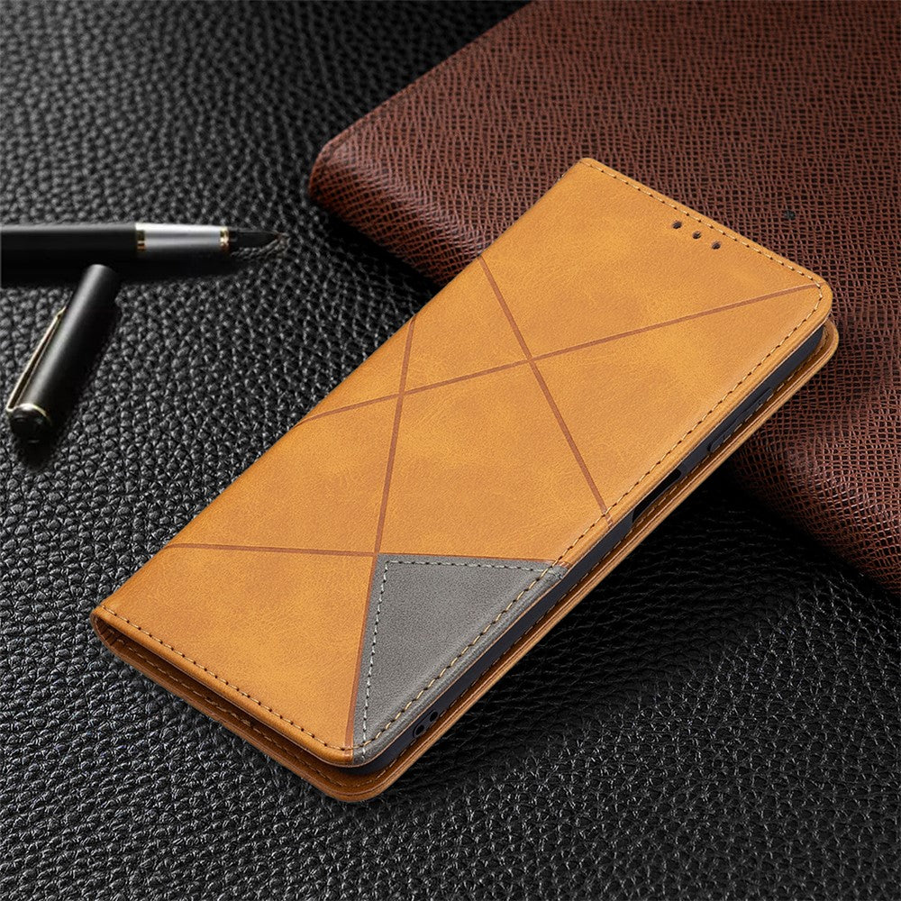 For Samsung Galaxy M32 (Global Version) Card Holder Design Rhombus-Like Imprinting Shock-Absorbed Leather Stand Case Shell - Yellow
