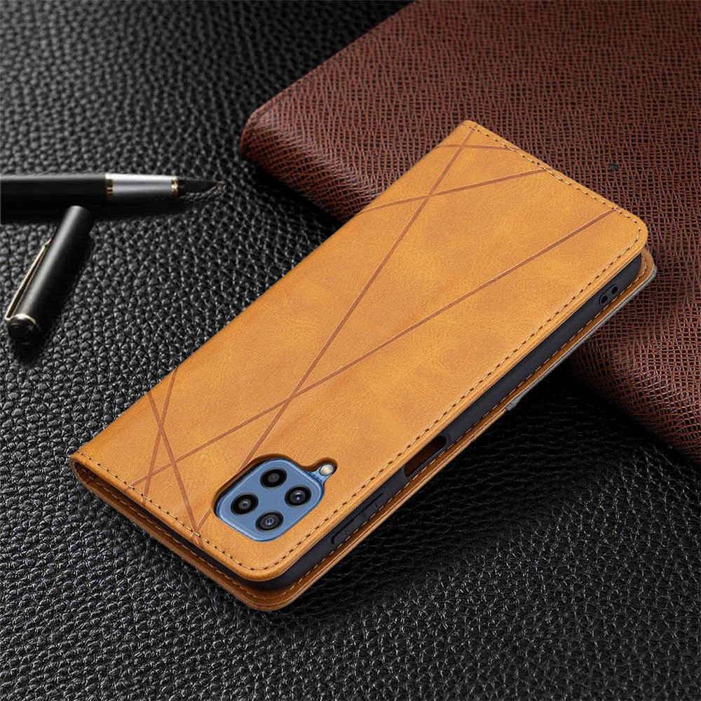For Samsung Galaxy M32 (Global Version) Card Holder Design Rhombus-Like Imprinting Shock-Absorbed Leather Stand Case Shell - Yellow