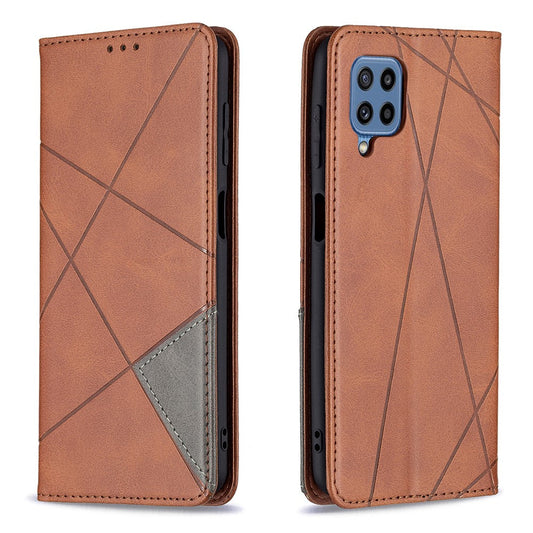 For Samsung Galaxy M32 (Global Version) Card Holder Design Rhombus-Like Imprinting Shock-Absorbed Leather Stand Case Shell - Brown