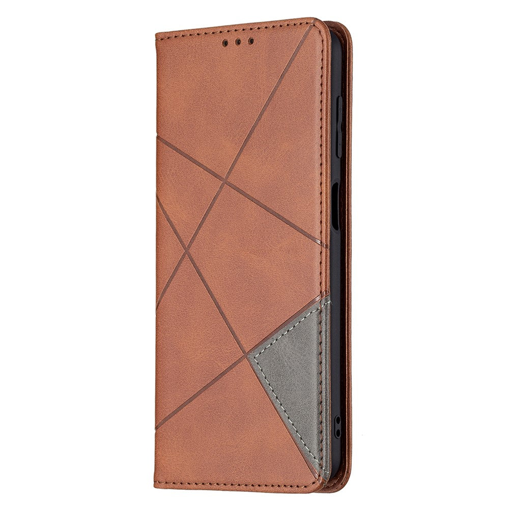 For Samsung Galaxy M32 (Global Version) Card Holder Design Rhombus-Like Imprinting Shock-Absorbed Leather Stand Case Shell - Brown