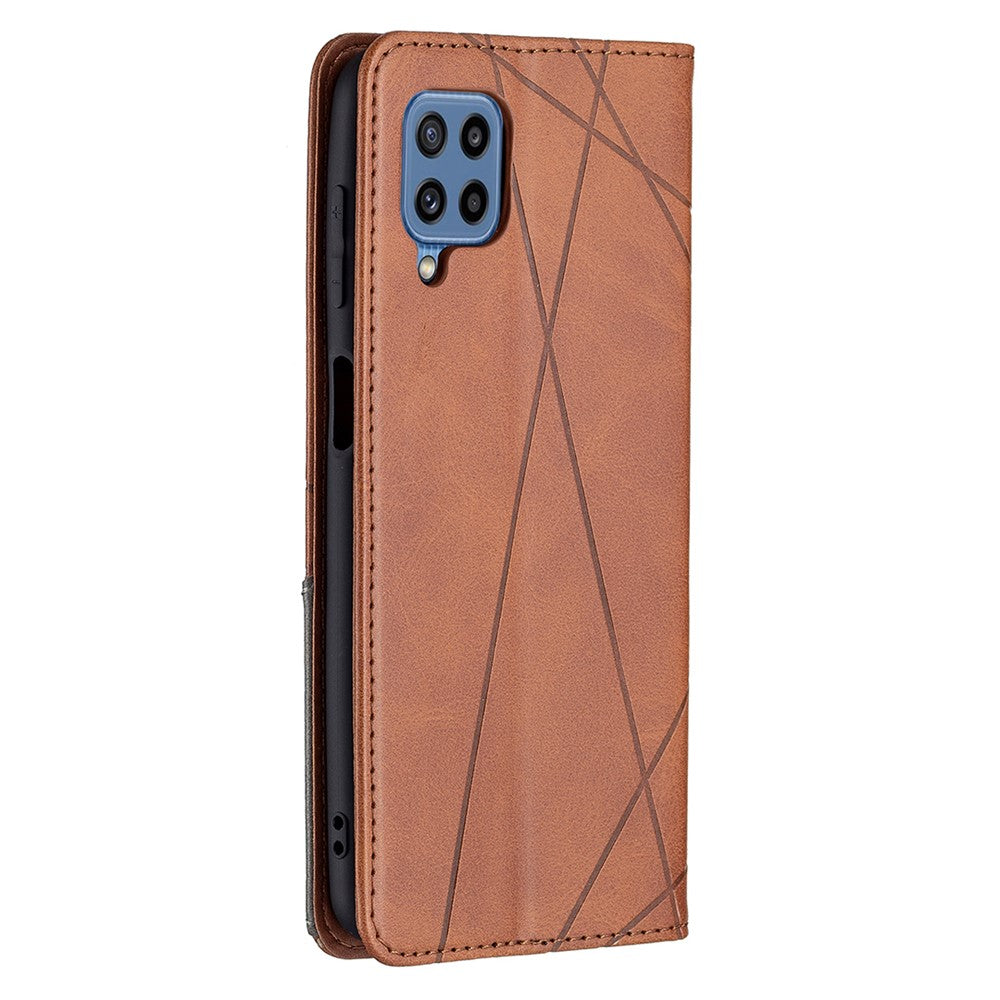 For Samsung Galaxy M32 (Global Version) Card Holder Design Rhombus-Like Imprinting Shock-Absorbed Leather Stand Case Shell - Brown