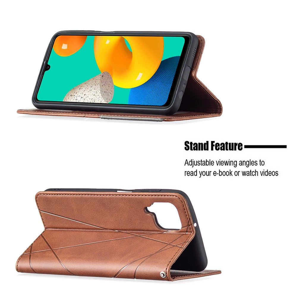 For Samsung Galaxy M32 (Global Version) Card Holder Design Rhombus-Like Imprinting Shock-Absorbed Leather Stand Case Shell - Brown