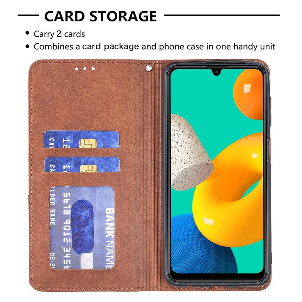 For Samsung Galaxy M32 (Global Version) Card Holder Design Rhombus-Like Imprinting Shock-Absorbed Leather Stand Case Shell - Brown