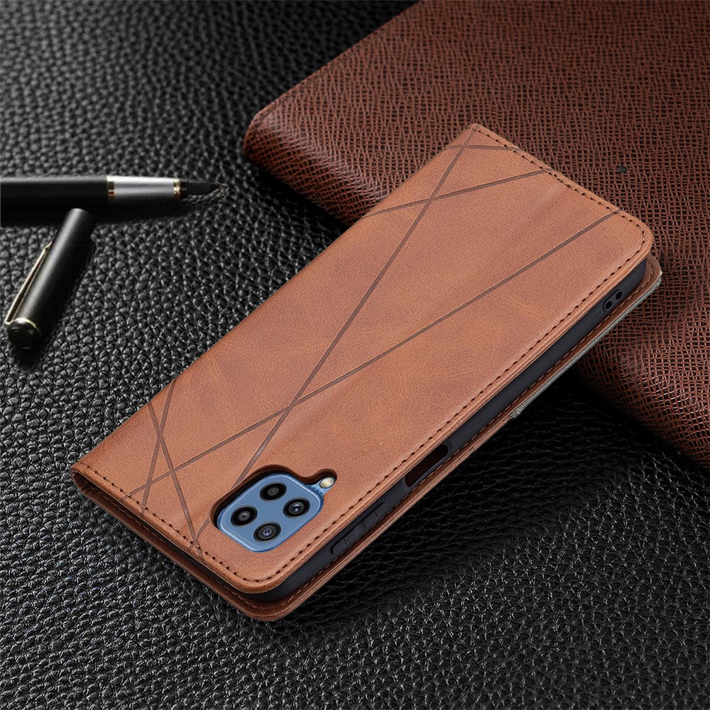 For Samsung Galaxy M32 (Global Version) Card Holder Design Rhombus-Like Imprinting Shock-Absorbed Leather Stand Case Shell - Brown