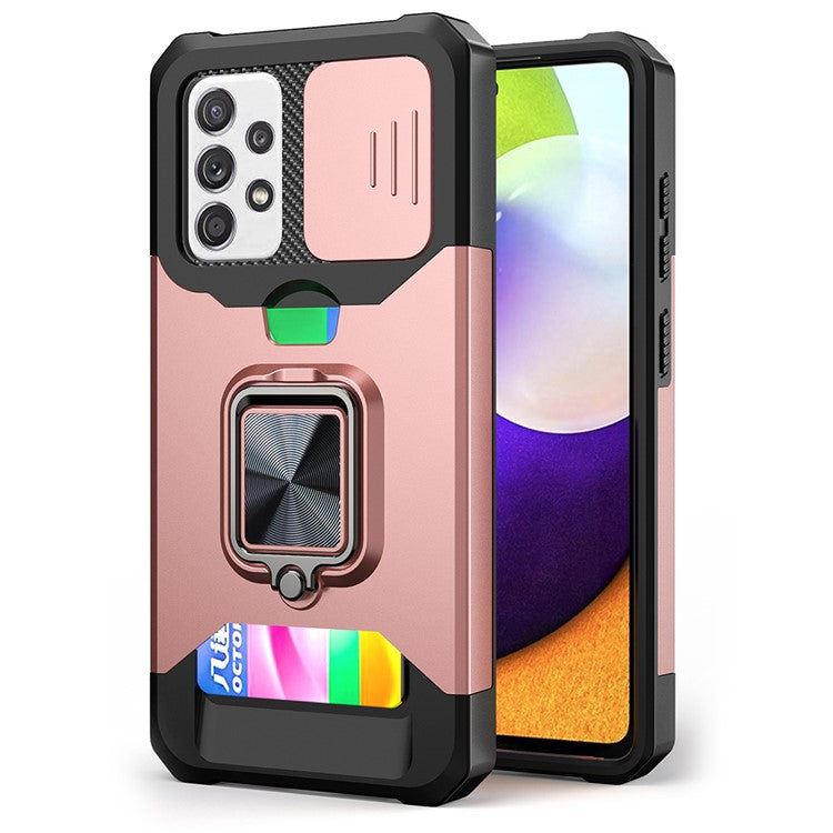 All-Inclusive Hybrid Phone Case Cover Shell with Camera Slider + Back Card Holder + Built-in Metal Sheet for Samsung Galaxy A52 4G/5G/A52s 5G - Rose Gold