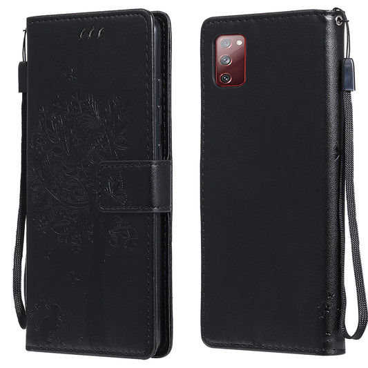 Wallet Stand Design Full Protection KT Imprinting Flower Series-3 Cat and Tree Imprinting Leather Cover + TPU Inner Phone Case for Samsung Galaxy S20 FE 2022/S20 FE 4G/S20 FE 5G/S20 Lite - Black