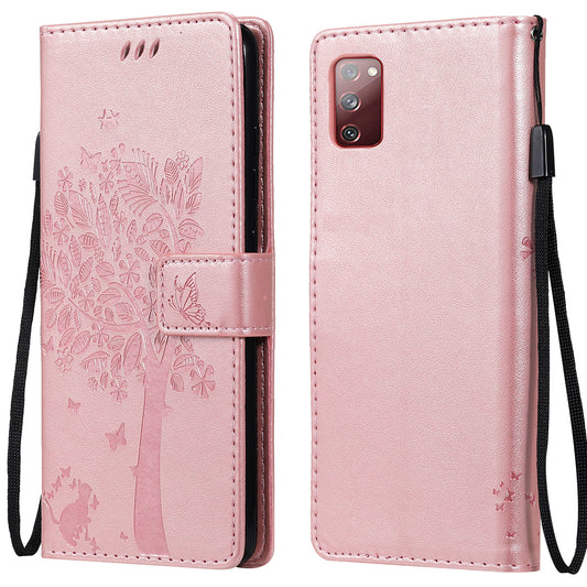 Wallet Stand Design Full Protection KT Imprinting Flower Series-3 Cat and Tree Imprinting Leather Cover + TPU Inner Phone Case for Samsung Galaxy S20 FE 2022/S20 FE 4G/S20 FE 5G/S20 Lite - Rose Gold
