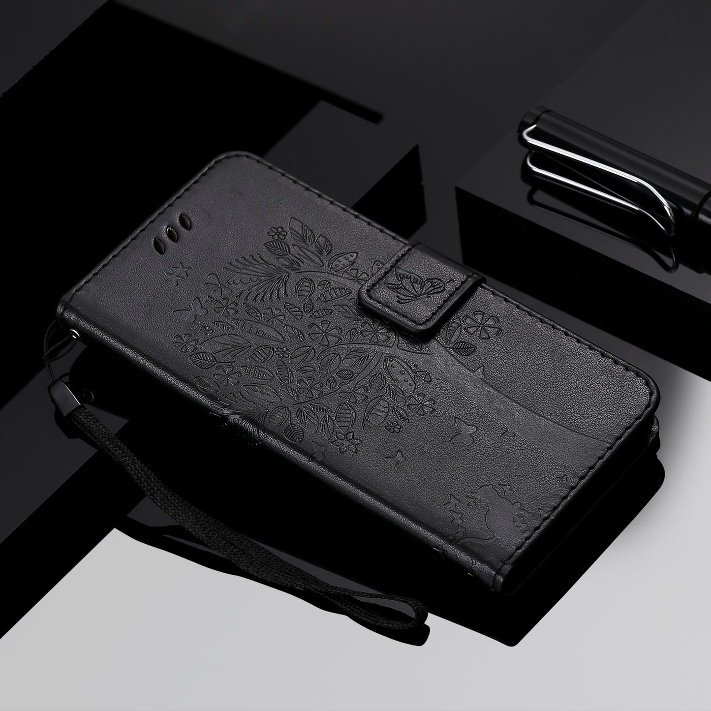 All-Inclusive KT Imprinting Flower Series-3 Cat and Tree Imprinting Wallet Stand Design Leather Cover + TPU Inner Phone Case for Samsung Galaxy S20 Ultra - Black