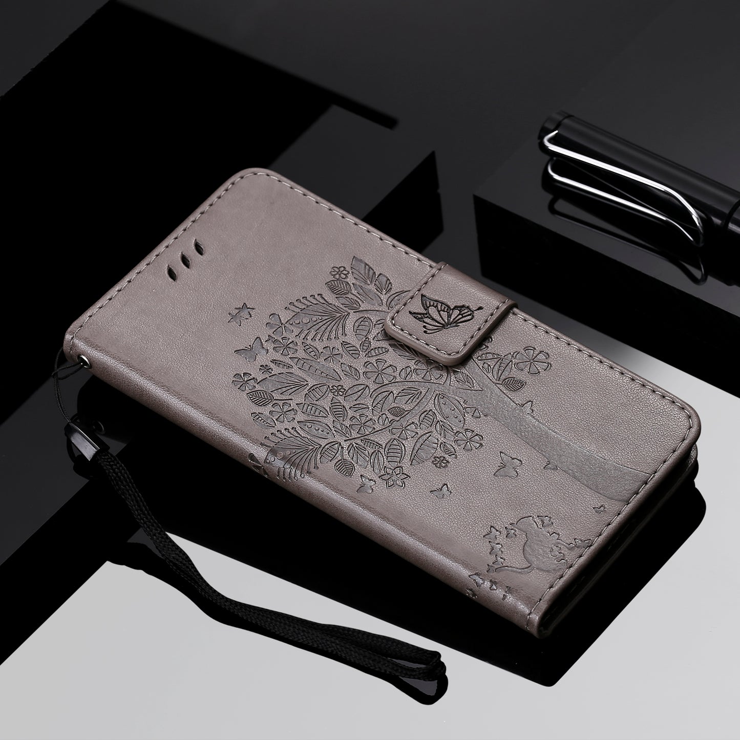 All-Inclusive KT Imprinting Flower Series-3 Cat and Tree Imprinting Wallet Stand Design Leather Cover + TPU Inner Phone Case for Samsung Galaxy S20 Ultra - Grey
