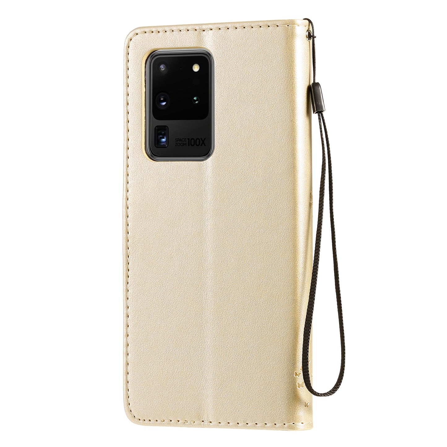 All-Inclusive KT Imprinting Flower Series-3 Cat and Tree Imprinting Wallet Stand Design Leather Cover + TPU Inner Phone Case for Samsung Galaxy S20 Ultra - Gold