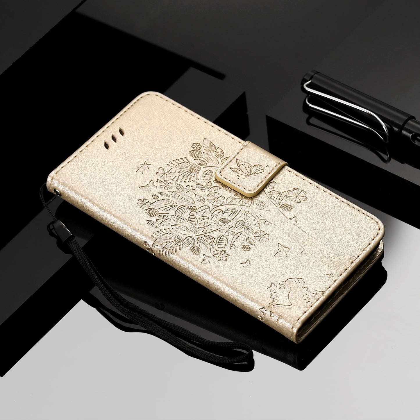 All-Inclusive KT Imprinting Flower Series-3 Cat and Tree Imprinting Wallet Stand Design Leather Cover + TPU Inner Phone Case for Samsung Galaxy S20 Ultra - Gold
