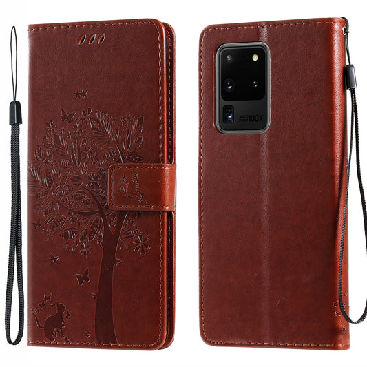 All-Inclusive KT Imprinting Flower Series-3 Cat and Tree Imprinting Wallet Stand Design Leather Cover + TPU Inner Phone Case for Samsung Galaxy S20 Ultra - Coffee