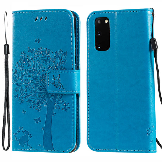 KT Imprinting Flower Series-3 Cat and Tree Imprinting Adjustable Stand Design Leather Cover + TPU Inner Phone Wallet Case for Samsung Galaxy S20 4G/S20 5G - Blue