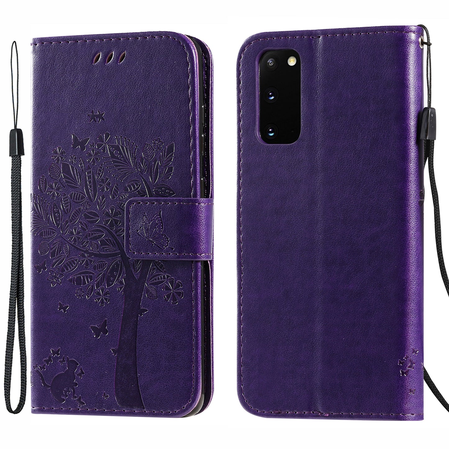 KT Imprinting Flower Series-3 Cat and Tree Imprinting Adjustable Stand Design Leather Cover + TPU Inner Phone Wallet Case for Samsung Galaxy S20 4G/S20 5G - Purple