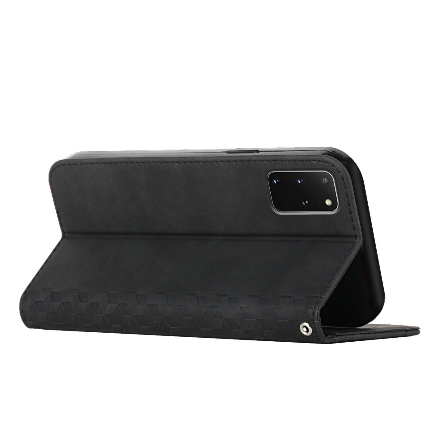 Auto-absorbed Skin-touch Feeling Rhombus Imprint Leather Cover Cell Phone Case with Stand Wallet Design for Samsung Galaxy S20 Plus - Black