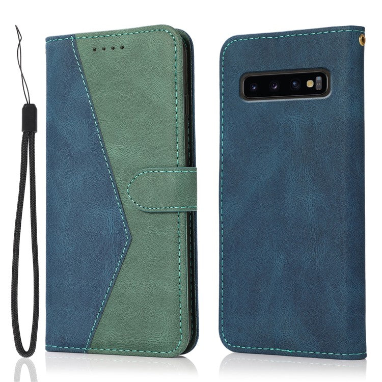 Color Splicing Design Leather Wallet Cell Phone Stand Cover Case with Lanyard for Samsung Galaxy S10 Plus - Blue/Green