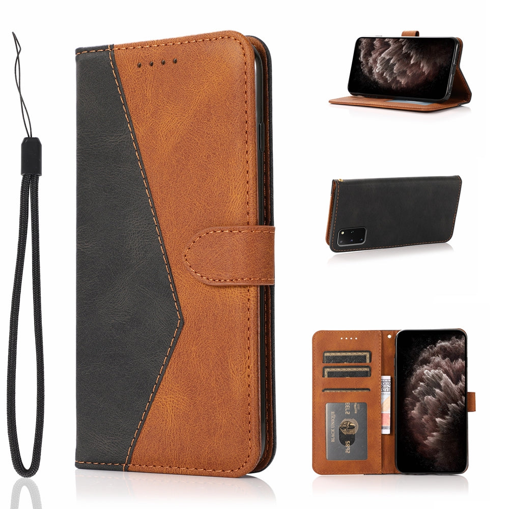 All-Round Protection Dual Color Anti-Drop Wallet Stand Design Leather Phone Case with Handy Strap for Samsung Galaxy S20 Plus 4G/5G - Black/Brown
