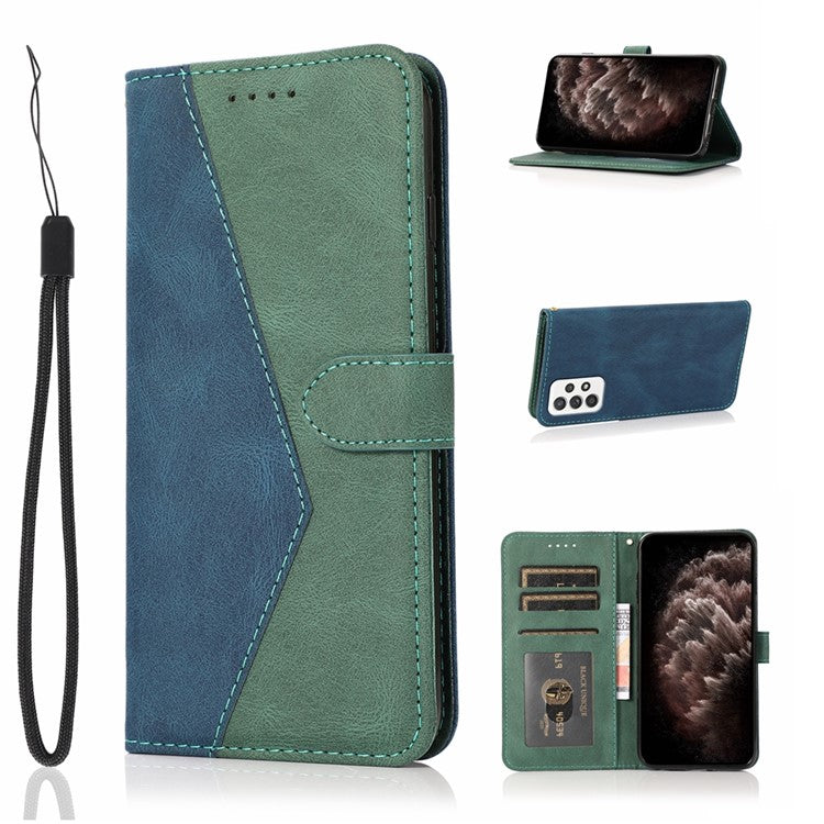Shockproof Bi-color Splicing Stand Wallet Case Leather Shell for Samsung Galaxy A52s 5G/A52 4G/5G - Blue/Green