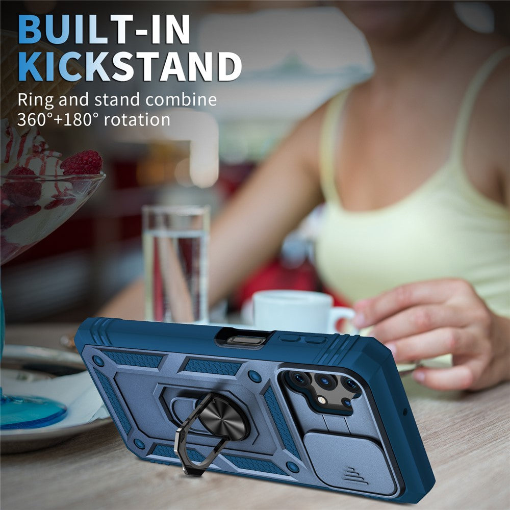 Slide Camera Protector PC + TPU Phone Case Shell with Kickstand and Card Slot for Samsung Galaxy A32 5G/M32 5G - Blue