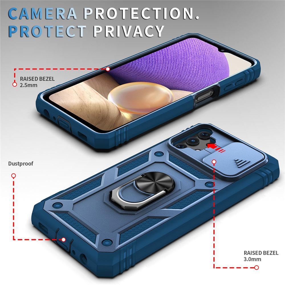 Slide Camera Protector PC + TPU Phone Case Shell with Kickstand and Card Slot for Samsung Galaxy A32 5G/M32 5G - Blue