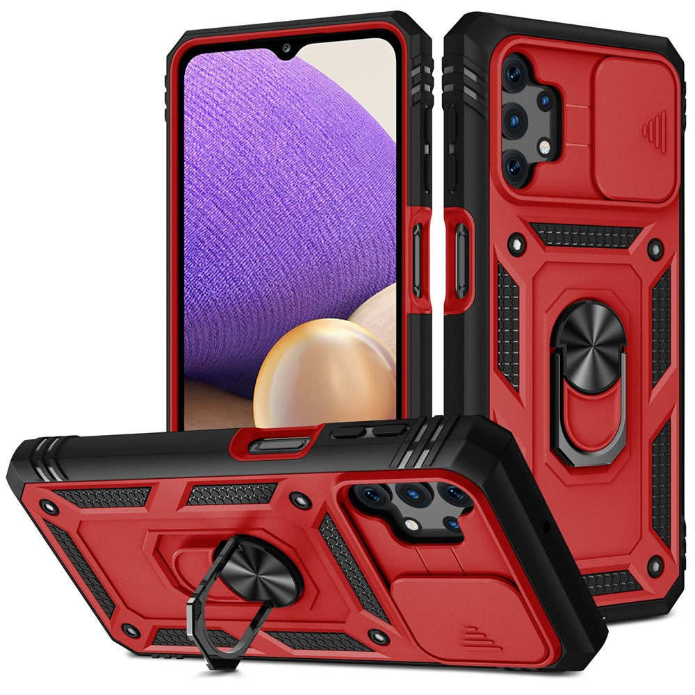 Slide Camera Protector PC + TPU Phone Case Shell with Kickstand and Card Slot for Samsung Galaxy A32 5G/M32 5G - Red/Black