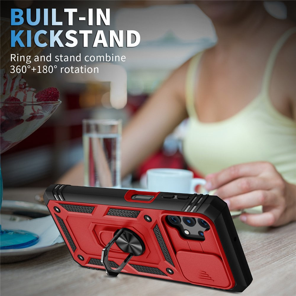 Slide Camera Protector PC + TPU Phone Case Shell with Kickstand and Card Slot for Samsung Galaxy A32 5G/M32 5G - Red/Black